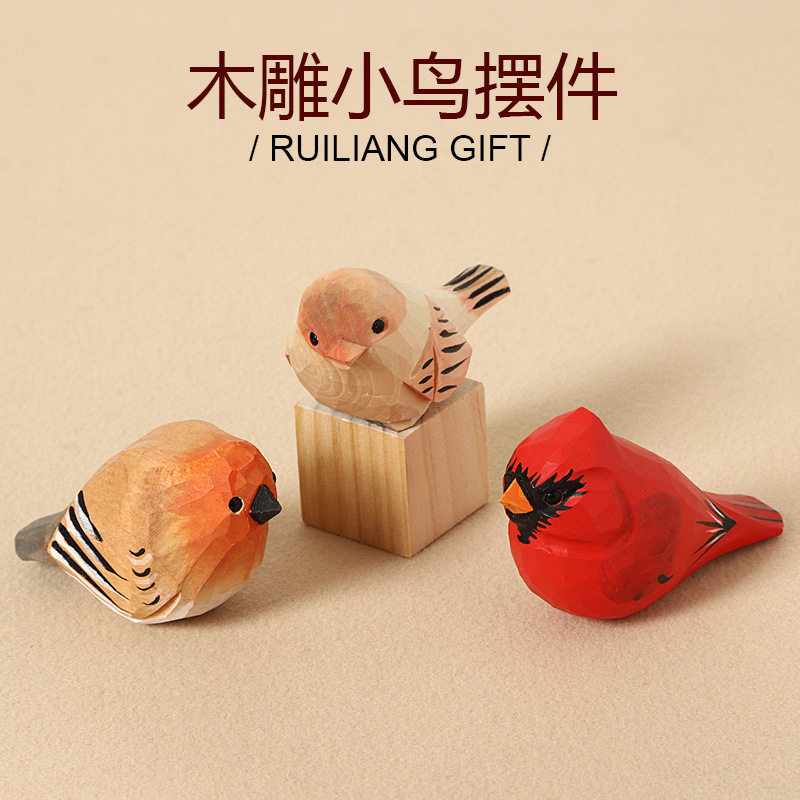 实木手工雕刻小鸟摆件可爱山雀创意彩绘制作桌面装饰工艺品小礼物