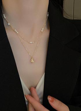 钛钢小颗粒巴洛克淡水珍珠项链两件套时尚法式金豆豆设计感锁骨链