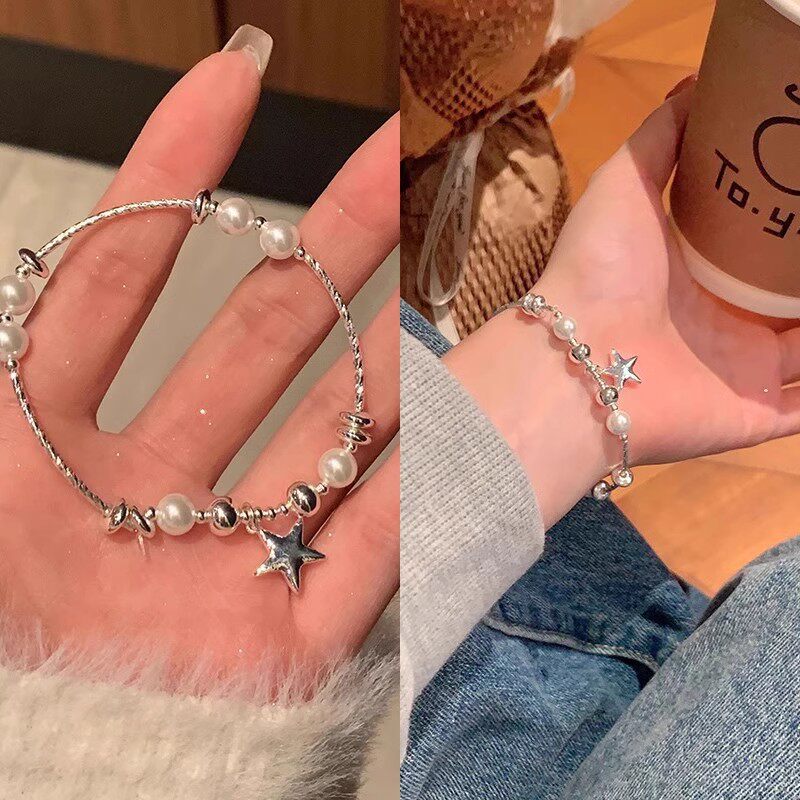 ins风珍珠星星串珠手链女百搭小众设计感银色手串复古轻奢手饰品