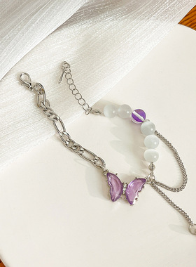 韩版时尚潮款手作手作紫色蝴蝶珍珠链条手链唯美小清新个性手环女