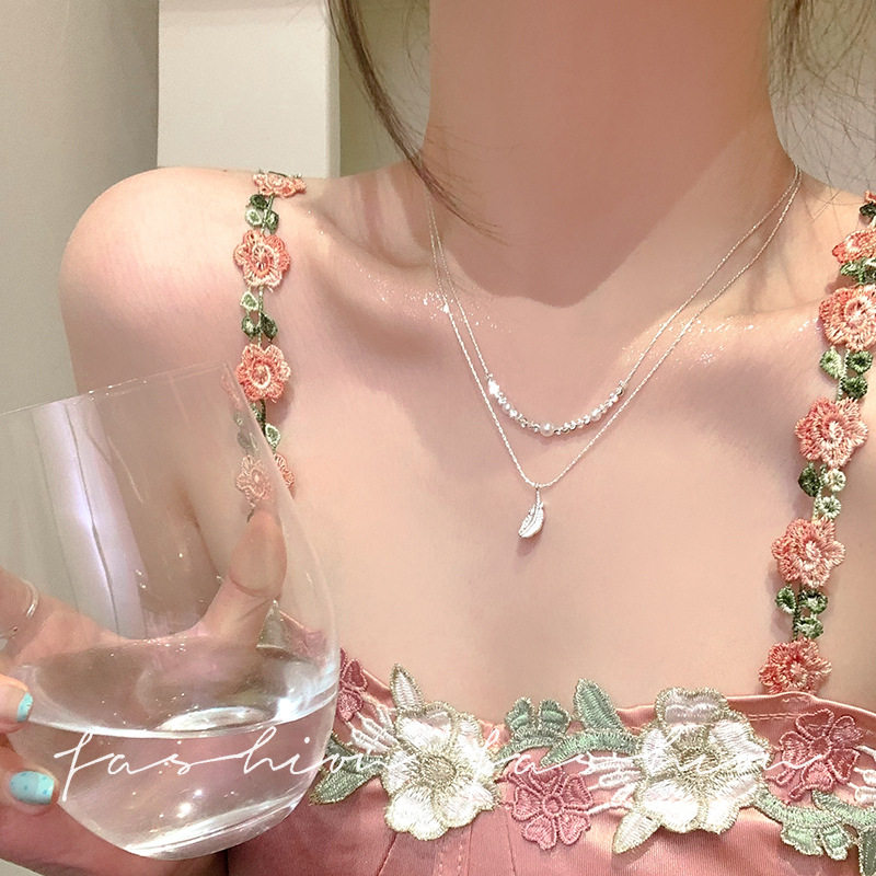 闪锆羽毛吊坠碎银珍珠项链女款轻奢高级感叠戴锁骨链温柔气质颈链