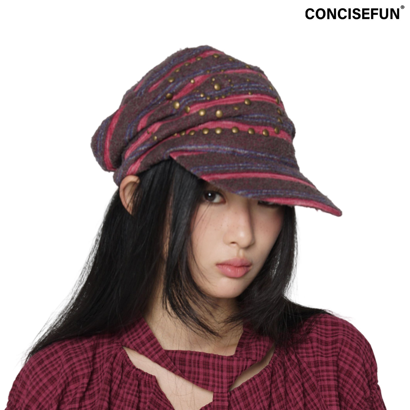 CONFUN绒面条纹螺旋铆钉设计松紧堆堆帽