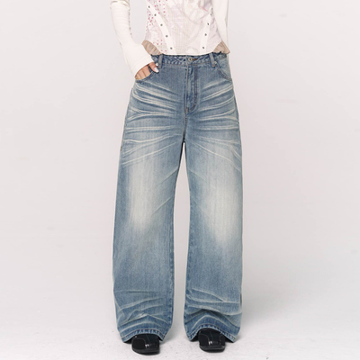 CONFUN无侧缝立体猫须竹节纹宽松弯刀牛仔长裤