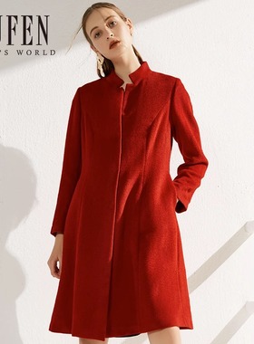 福芬2023秋冬新款大红色女中长款毛呢大衣纯色外套FY-11229A