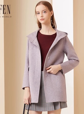 福芬2020秋季新款女连帽单排扣中长款纯色毛呢外套SY-13486