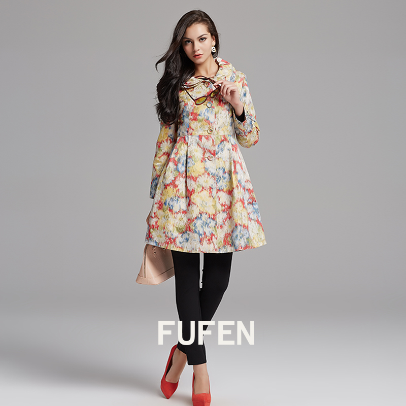 福芬秋冬新款印花拼接风衣女中长款宽松休闲气质外套D-2049
