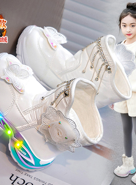 女童雪地靴带灯白色皮面儿童2025新款冬季大棉靴子保暖小女孩棉鞋