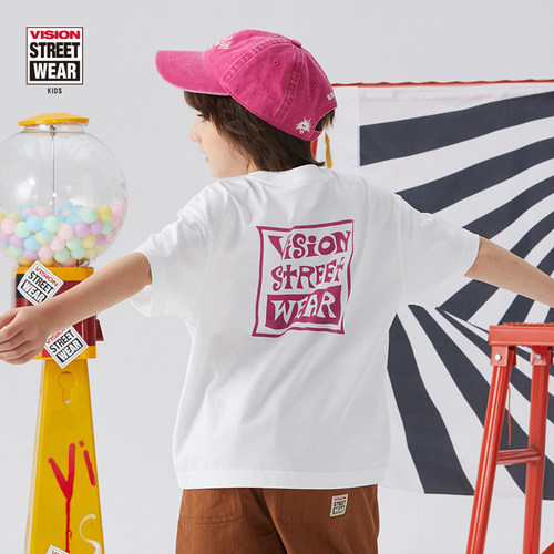VISION KIDS 童装男女儿童夏季印花复刻图案复古宽松短袖T恤