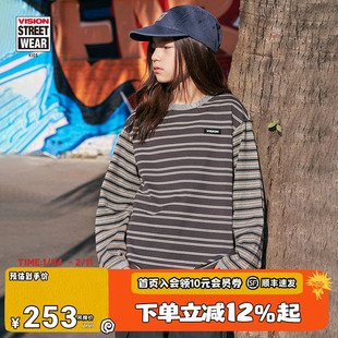 VISION童装 美式复古宽松落肩撞色条纹长袖T恤25秋冬男女儿童