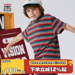 KIDS 撞色条纹刺绣LOGO宽松短袖 童装 美式 T恤 男女儿童夏季 VISION