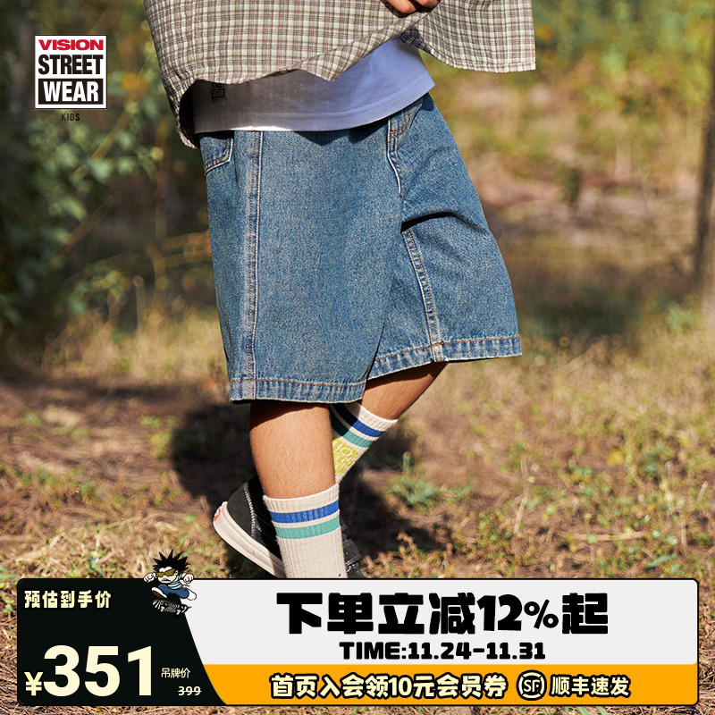 VISION童装 美式街头西海岸风宽松复古浅色5分牛仔中裤过膝短裤