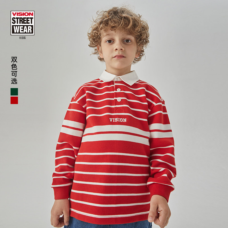 VISION KIDS 童装男女儿童运动时尚街头复古条纹秋冬长袖POLO衫