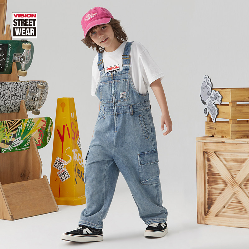 VISION KIDS 童装男女儿童春季美式复古水洗工装宽松背带牛仔裤