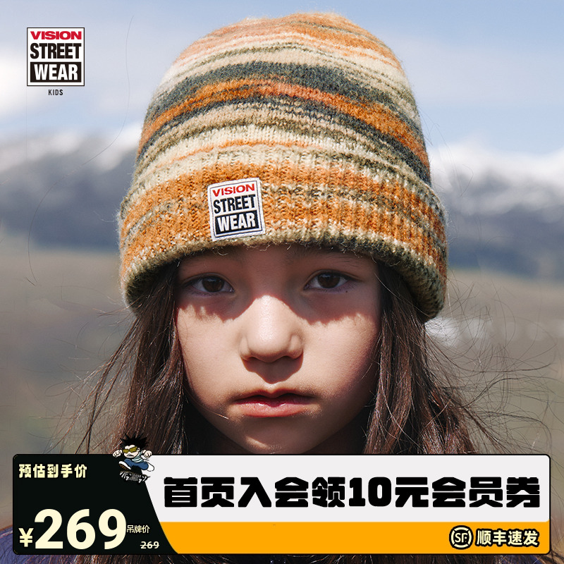 VISION童装 美式复古LOGO混纺保暖冷帽针织毛线帽男女儿童25冬新