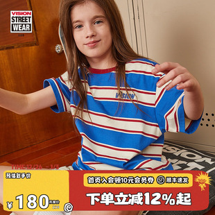 男女儿春夏款 童装 美式 街头撞色条纹夏季 T恤 VISION 宽松短袖 KIDS