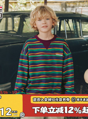 VISION童装  美式复古撞色条纹印花圆领卫衣男女儿童26春季新款