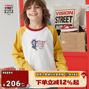 VISION KIDS 童装男女儿童同款秋冬撞色宽松插肩图案圆领长袖T恤