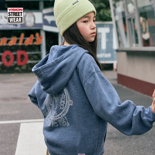 VISION KIDS 美式复古做旧印花半开襟连帽卫衣男女儿童童装秋冬