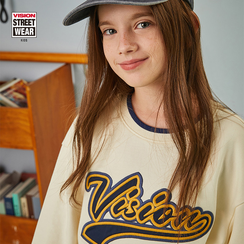 VISION童装 美式复古经典图案宽松落肩圆领套头卫衣男女儿童春季