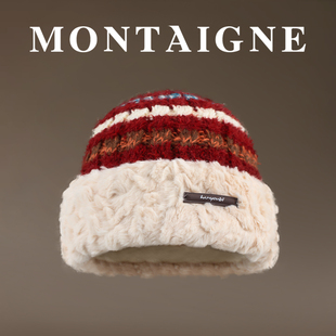 法国Montaigne/蒙田条纹毛线不透风保暖针织护耳帽子加绒渔夫帽子