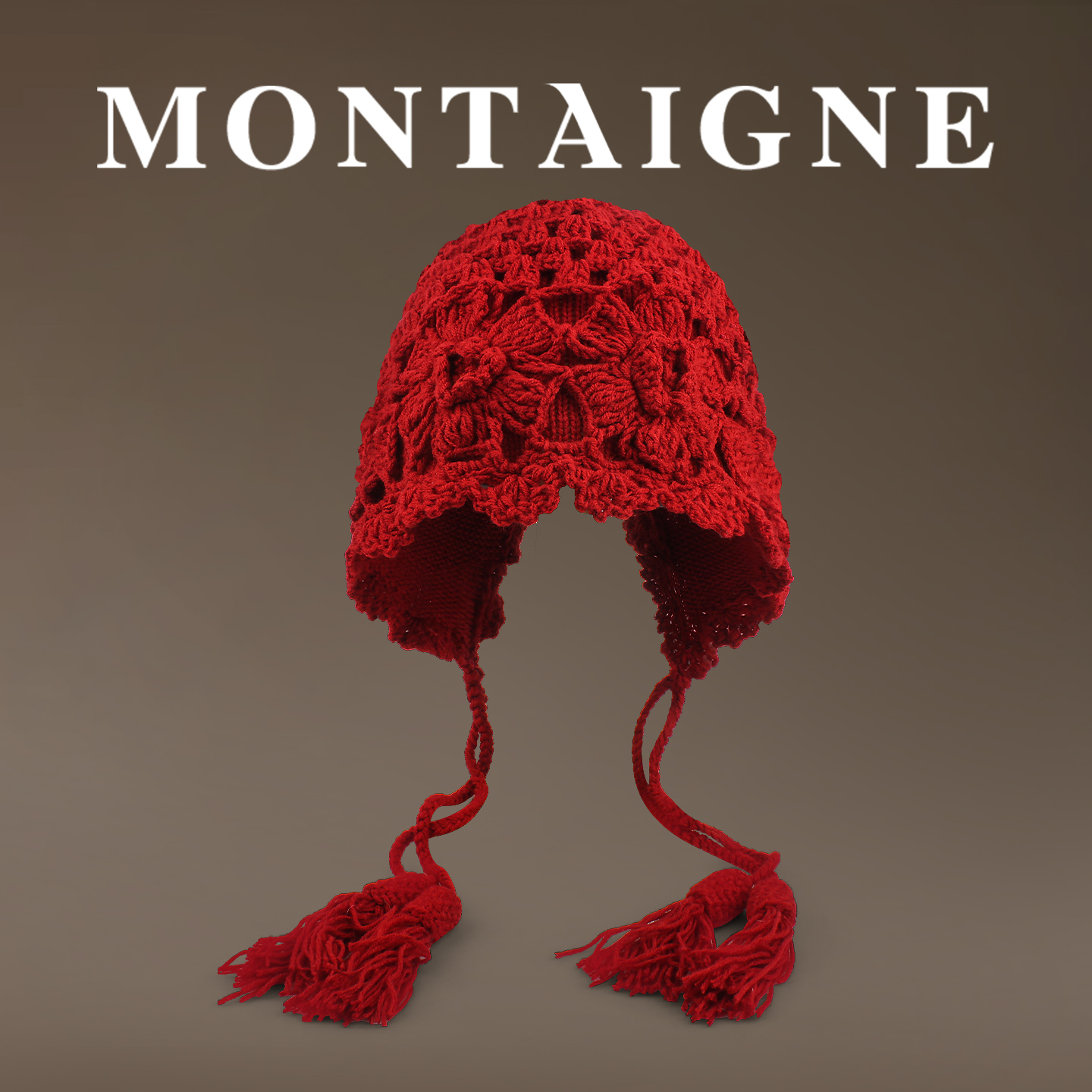 蒙田手工流苏红色针织秋针织帽子