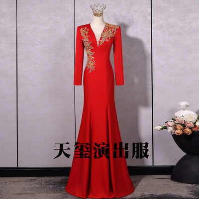 红色主持人晚礼服女高端大气音乐会民歌独唱舞台比赛表演出服长袖