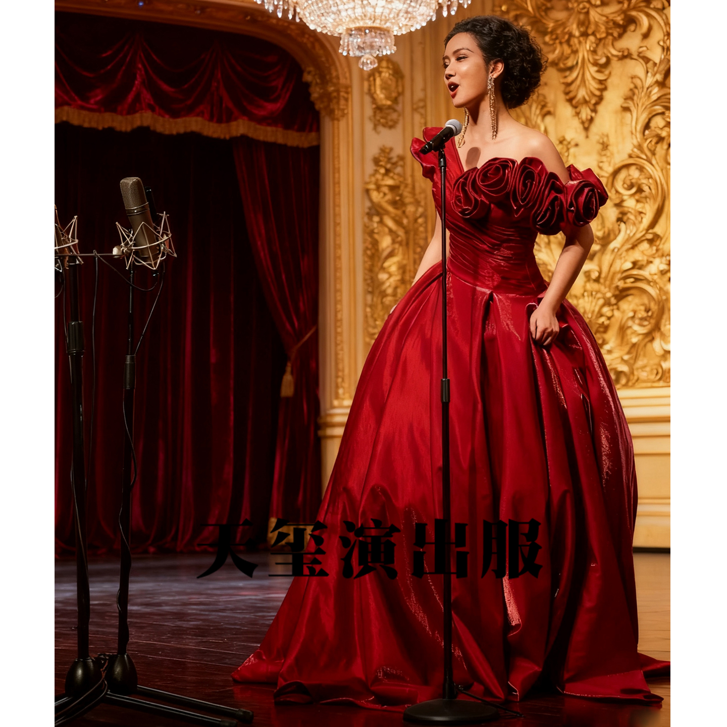 酒红色晚礼服高级感节目主持人一字肩音乐会舞台独唱美声表演出服