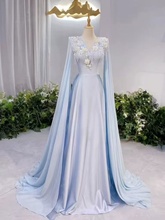 蓝色缎面古筝民歌独唱艺考礼服女重工主持人声乐表演出服2025新款