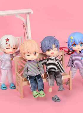 哈乐动漫ob11娃衣笑脸长袖上衣翻绒长裤套装12分素体可穿娃娃配饰