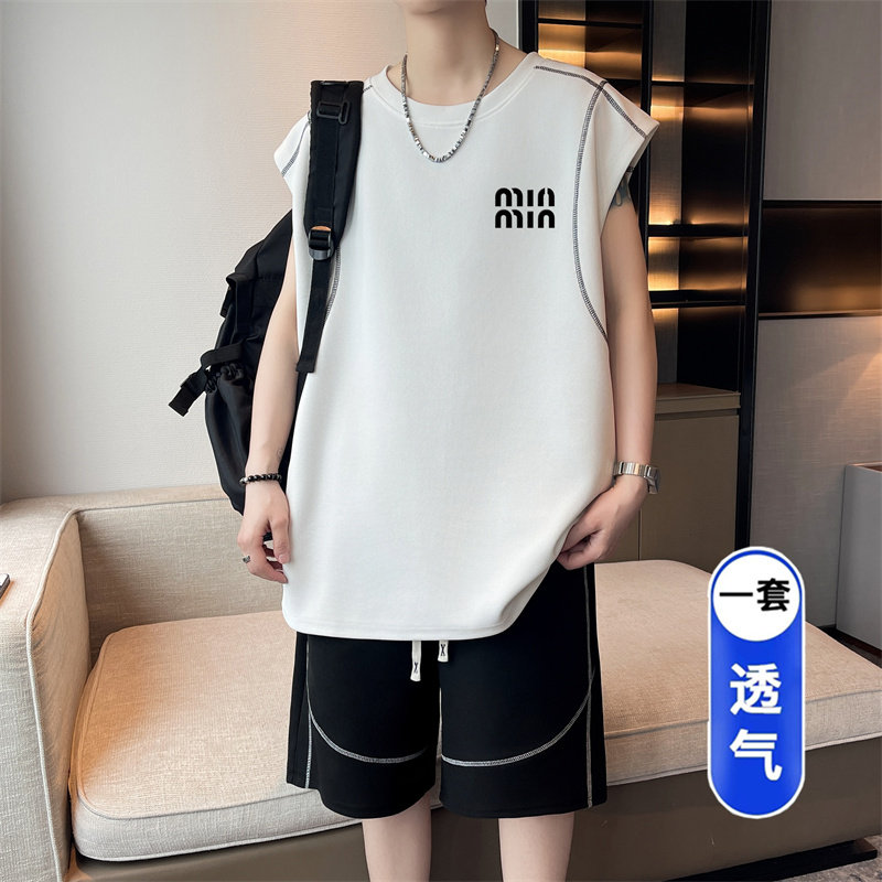 夏季新款冰丝无袖t恤男孩青少年中学生短裤套装大童运动篮球衣服