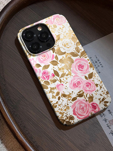 新中式金箔初恋粉红玫瑰适用苹果14手机壳iphone13新款菲林壳14plus硬壳12pro防摔11保护套xr浪漫女14promax
