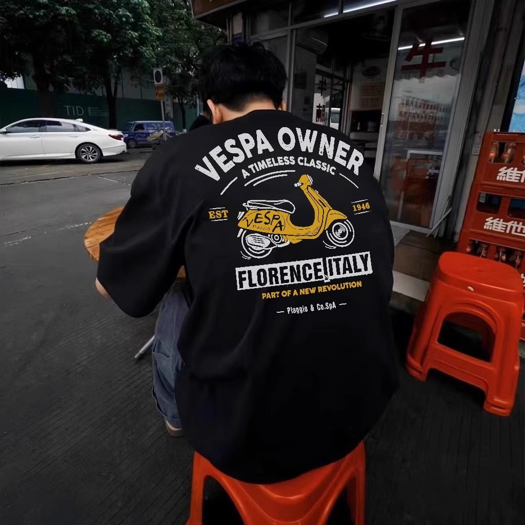 复古摩托车系列Vespa印花男女美式休闲宽松夏季重磅纯棉短袖T恤