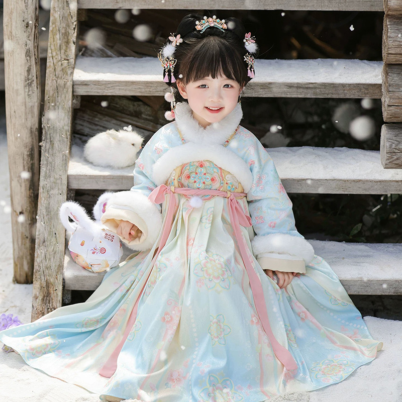 儿童汉服女童冬款加绒加厚连衣裙女孩公主裙唐装古装演出服襦裙