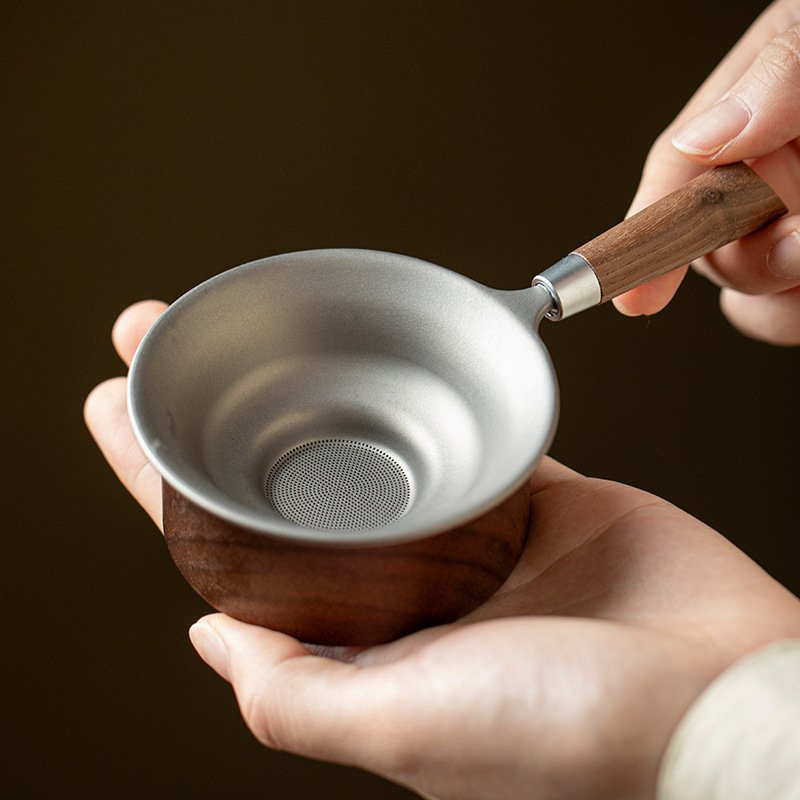 弥言纯钛茶漏带底座家用茶叶过滤器超细茶滤网功夫茶道配件纯实木图片