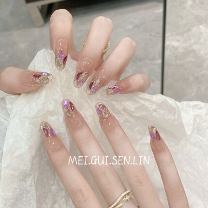 玫瑰森林潘多拉彩色钻手工穿戴甲亮晶晶细闪长款法式指甲贴2026新