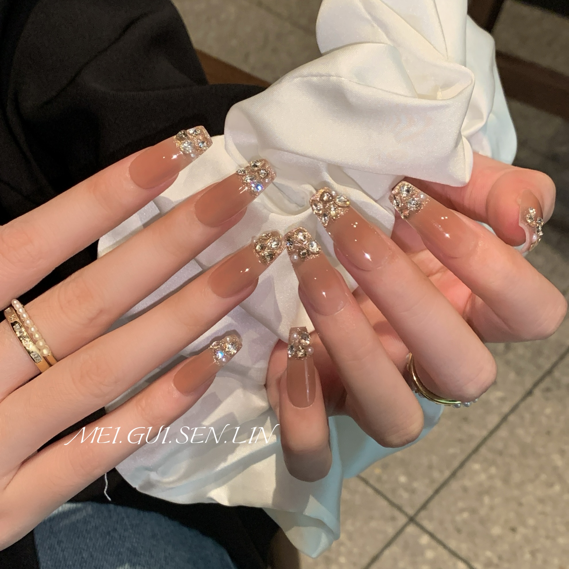 玫瑰森林许我耀眼美甲穿戴甲新款高级感法式长款手工爆闪钻指甲贴