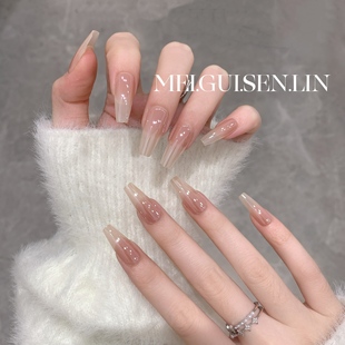 玫瑰森林琉璃珠手作穿戴甲法式 渐变色温柔显白成品美甲假指甲 长款
