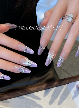 玫瑰森林灵蝶紫云穿戴甲紫色猫眼水滴钻法式长款显白成品新款美甲