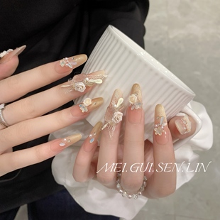 玫瑰森林秘密花园手工穿戴甲长款 浪漫山茶花高级感猫眼美甲 法式