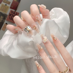 显白美甲 手作级感轻奢法式 玫瑰森林莫奈花园穿戴甲长款 2025新款