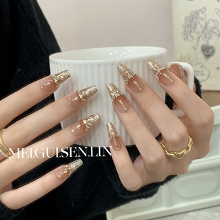 高级美甲 显白亮晶晶长款 玫瑰森林淘金手工穿戴甲爆闪带钻长款 法式