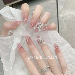 成品美甲 穿戴甲显白渐变带钻甜美新款 玫瑰森林粉色芭蕾法式 长款