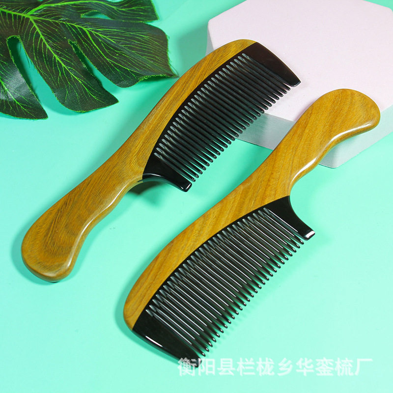 源头厂家美梳阁绿檀木拼牛角梳3-6细齿梳子檀香木梳礼梳跨境