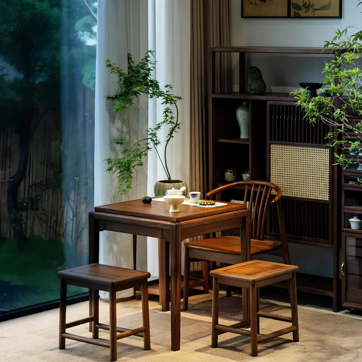 新中式实木岩板阳台收纳茶桌椅