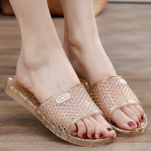 闪亮拖鞋 女士家用室内平跟软底舒适透明水晶果冻一字拖女鞋 凉拖鞋