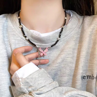 粉色蝴蝶流苏项链女高级感嘻哈辣妹潮酷个性 甜心芭比 串珠锁骨链