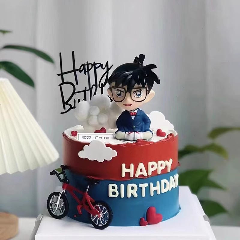 名侦探柯南装饰生日蛋糕动漫自行车男孩儿童生日蛋糕摇头公仔摆件
