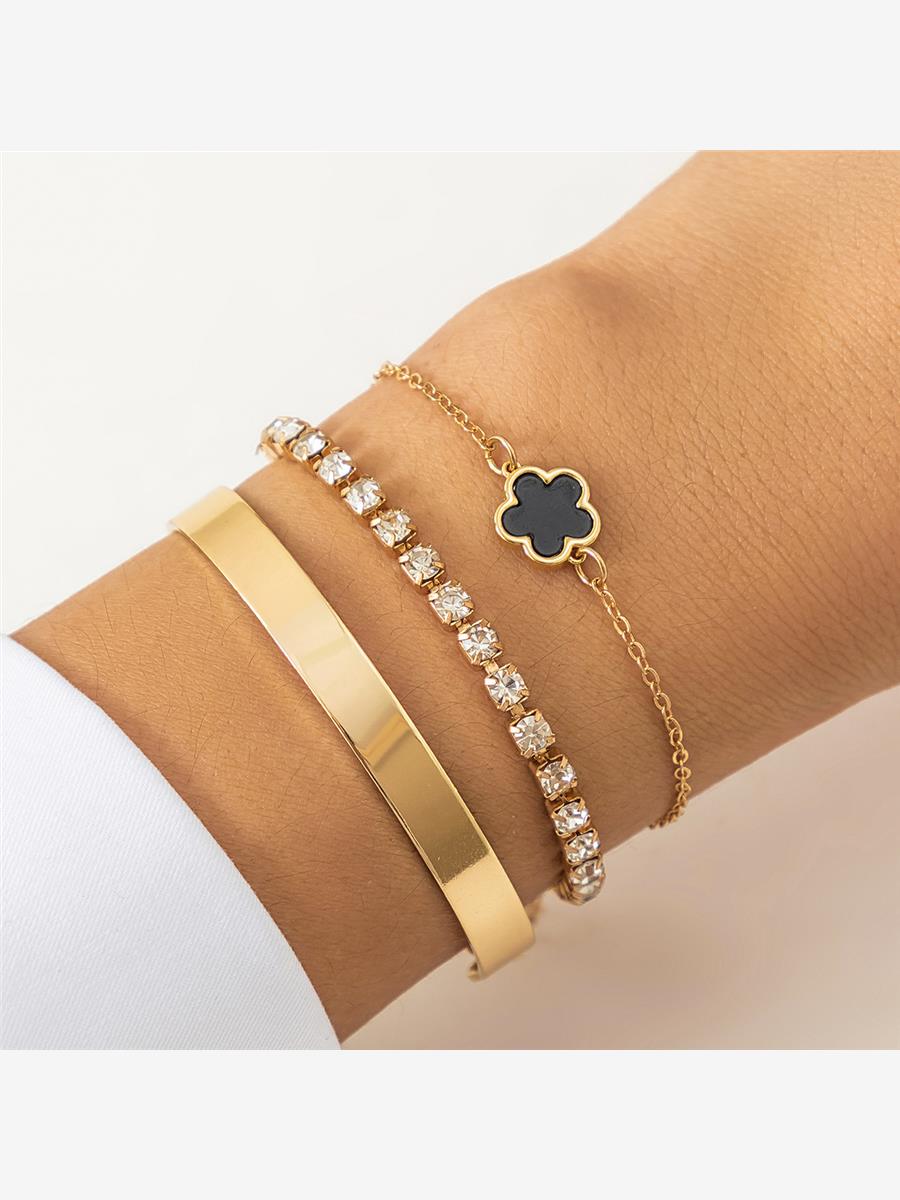 欧美饰品 复古水钻链条五叶草手链 简约几何光面手镯Bracelet