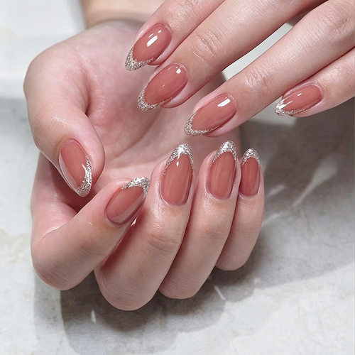 简约银色细闪法式中长款杏仁甲可拆卸穿戴甲24片press on nails