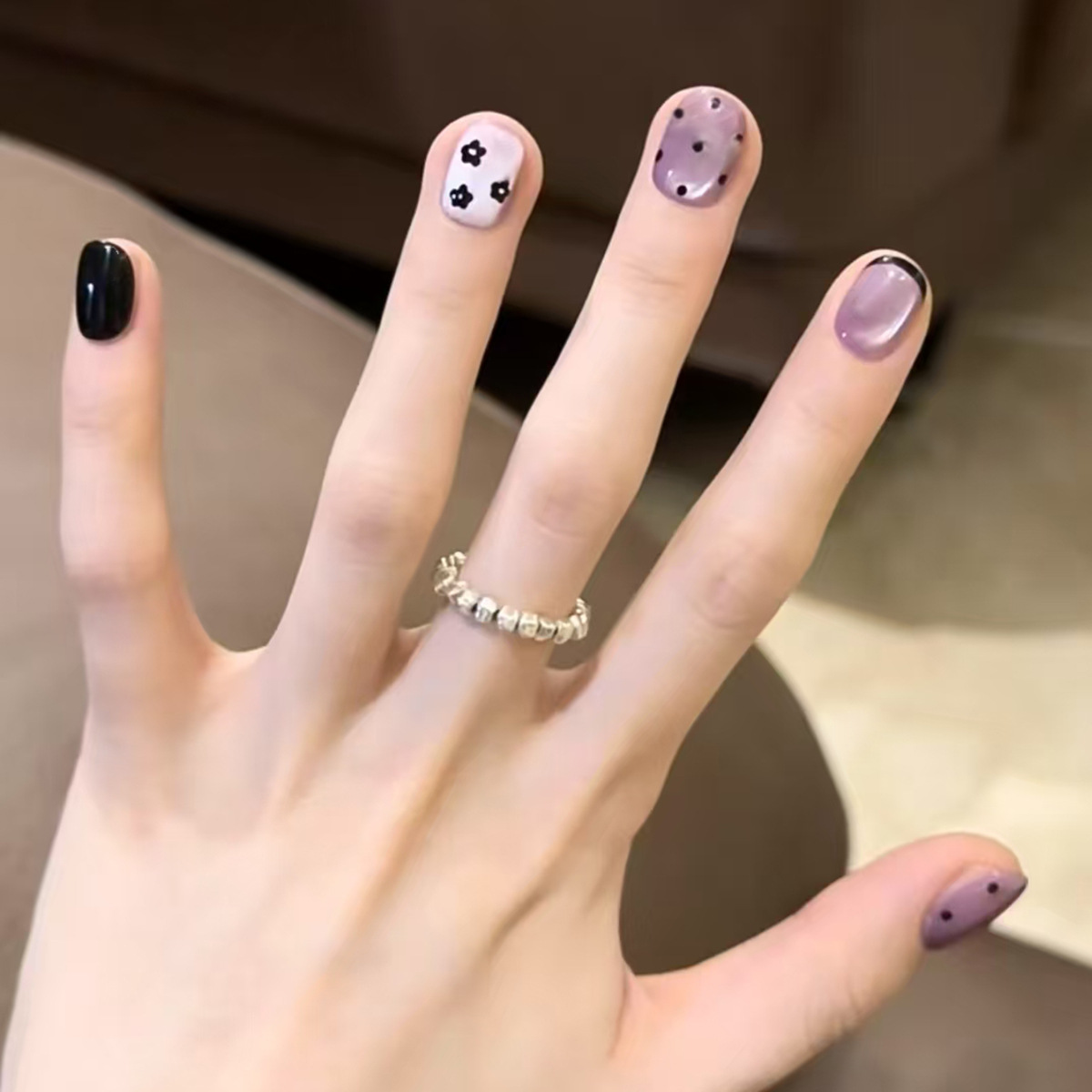 温柔气质奶油香芋紫色小花深咖法式波点猫眼少女可拆卸穿戴甲30